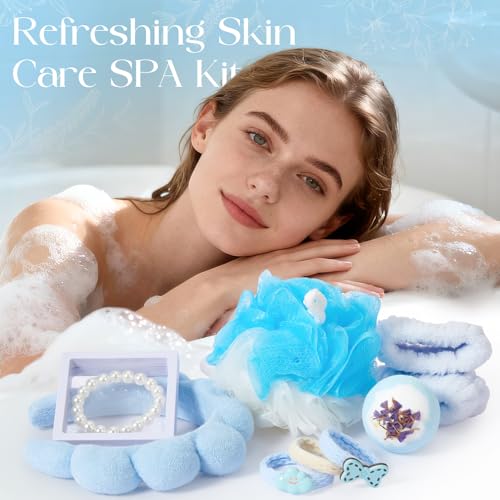 Golray Birthday Gifts for Women, Self Care Spa Gift Set for Women with Beach Towel, Glass Cup, Bath Bombs & Hair Accessories, Christmas Blue Gift Basket for Her, Girlfriend, Sister, Mom, Friends