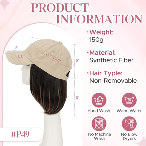 SEGOHAIR 6 Inch Baseball Cap Wig for Women Dark Brown & Blonde Mix Adjustable Synthetic Hair Extensions