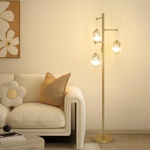 Gold Crystal Floor Lamp with Dimmable 3 Lights Modern Standing Tree Lamp 65 Inch