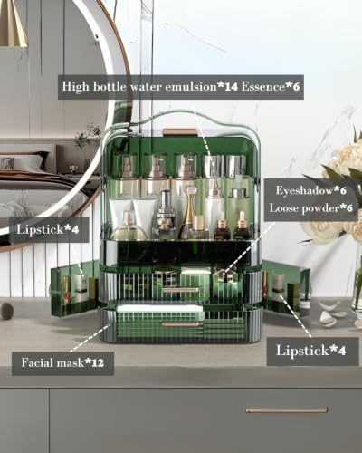 Large Transparent Makeup Organizer Box with Green Lid & Drawers - Dustproof Waterproof Storage