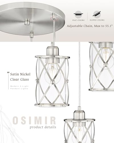 Osimir Brushed Nickel 3-Light Pendant Ceiling Light Fixture with Clear Glass - Adjustable Cable, Modern Kitchen Island Cluster Lighting - Nickel, Clear Glass / 3-Light