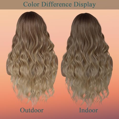 Long Blonde Wavy Wig with Bangs - 26 Inch Ombre Highlights for Women