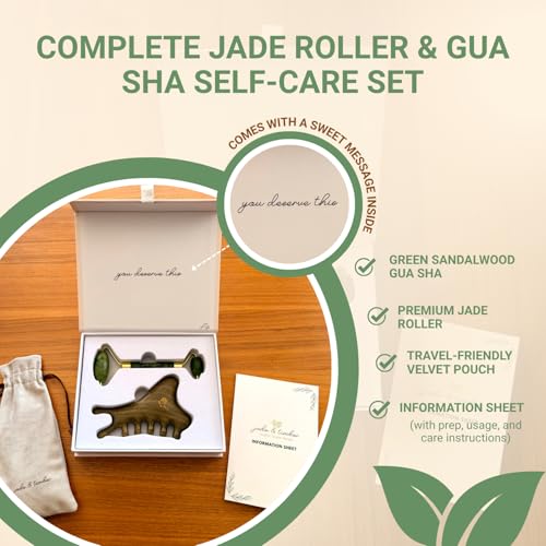 Jade & Timber Jade Roller & Green Sandalwood Gua Sha Set for Facial & Body Massage