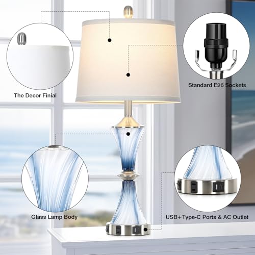 Blue Glass Table Lamp Set of 2 with USB-C & Power Outlet - Modern Bedroom Nightstand Lamps
