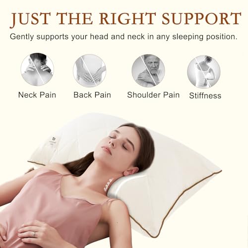 Natural Wool Pillow Set of 2 - Off White, Standard Size, Support Gusseted Bed Pillows for Side Sleepers