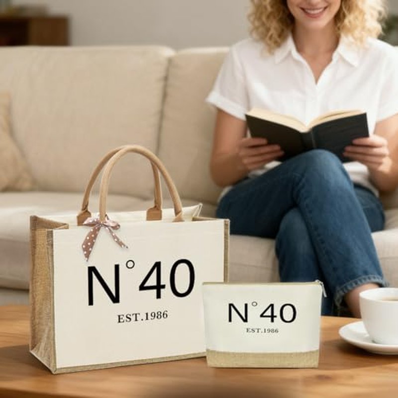 KongMoTree Birthday Gifts for Women Her, Birthday Bag, Reusable Vintage Jute Tote Bag and Makeup Bags With Zipper