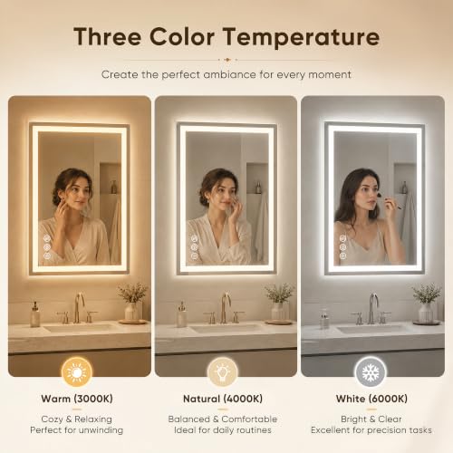 LED Bathroom Mirror with Lights - 36 Inch x 30 Inch, White, 3 Light Modes, Anti-Fog