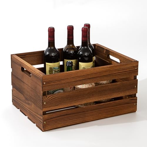 Set of 3 Rustic Wooden Storage Crates with Handles - Dark Brown Farmhouse Decor