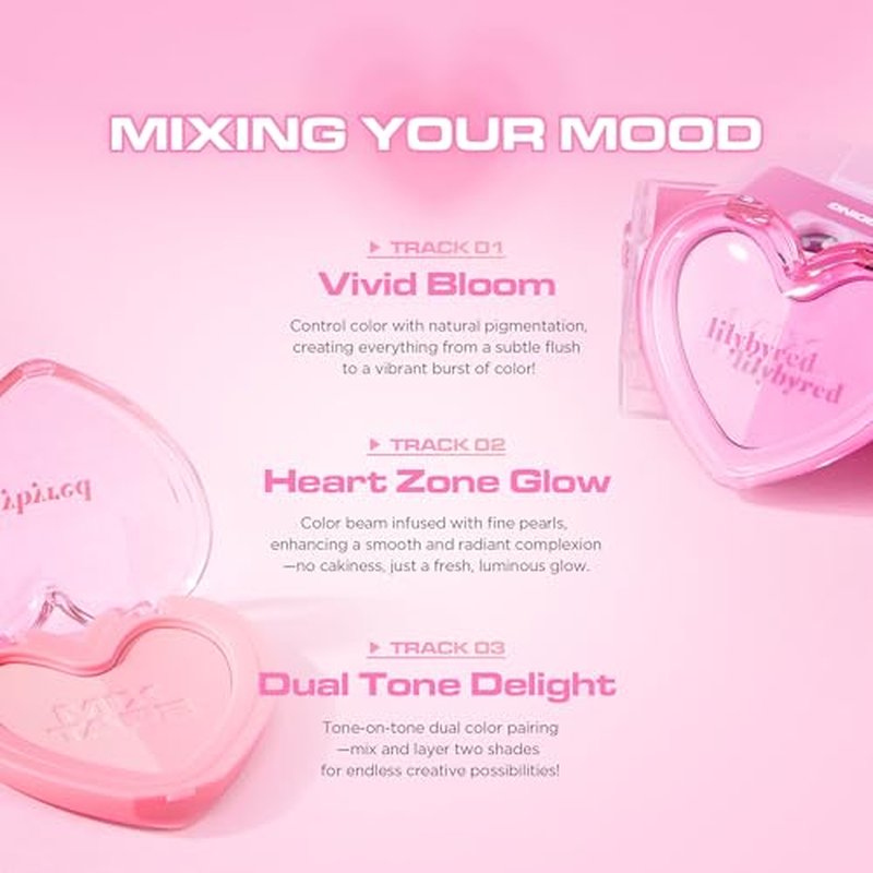lilybyred Luv Beam Cheek Duo | Heart-Shaped Korean Dual-Tone Powder Blush, Tone-on-Tone Mixable Colors, Soft Glow with Fine Shimmer, Silky Texture, Blendable, All-Day Wear, 0.14 oz. (01 Funky Beam)