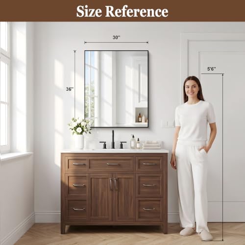 Black Bathroom Mirror 30x36 Inch Rectangle Wall Mirror with Metal Frame - Horizontal or Vertical Hanging