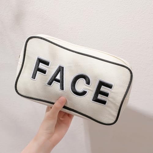 Black Hair Skin Face 3Pcs Canvas Makeup Bag Set - Chenille Letter Organizer