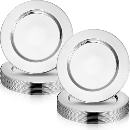 24 Pcs Stainless Steel Silver Charger Plates Set 13 Inch Round for Dining