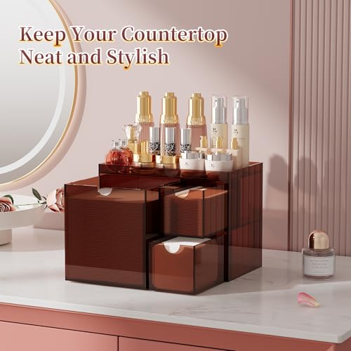 Youdepot Acrylic Face Towel Holder with Drawer ? 4-Layer Disposable Face Towel Holder Organizer Box ? Bathroom Countertop Storage for Cotton Pads, Swabs, and Skincare(Amber)