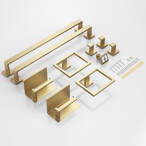 JIXB Brushed Gold Bathroom Hardware Accessories Set 10-Piece, 23.6 Inch Towel Bars & Toilet Paper Holders - Variation Brushed Gold / 10