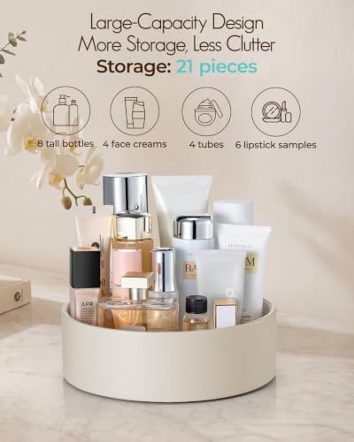 Cream White Rotating Perfume & Makeup Organizer - PU Leather Vanity Storage