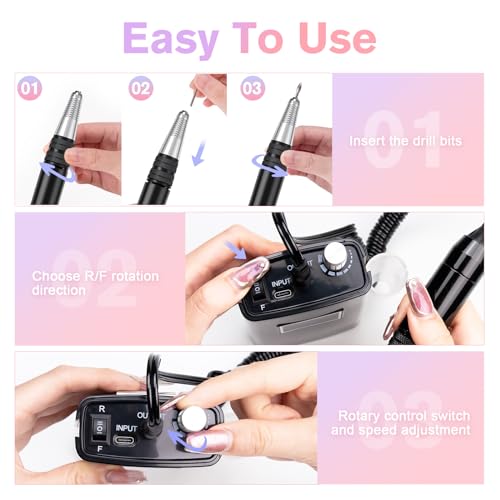 Cordless Nail Drill Kit with 11 Bits & 45000RPM for Manicure & Pedicure - Black