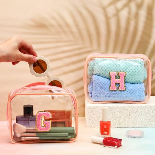 Pink Clear Makeup Bag with Initial Chenille Patches - 12 Pack, Personalizable