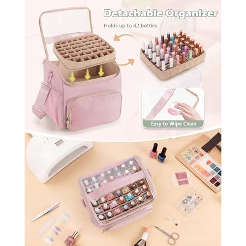 Nail Polish Organizer Bag Holds 42 Bottles(15ml/0.5 fl.oz), Double Layer Nail Storage Case for Gel Polish and Manicure Tools, Travel Nail Bag, Pink