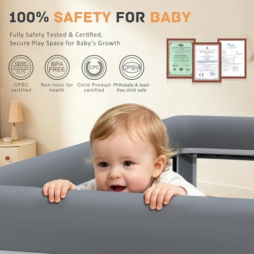 Grey Foldable Baby Playpen with Mat - 50x50 Inch Portable Toddler Play Yard
