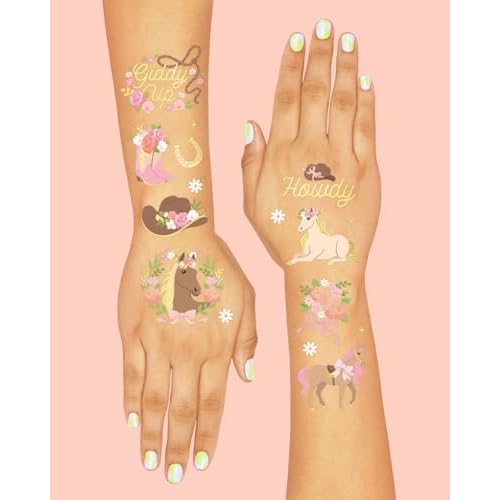 xo, Fetti Pink Horse Girl Temporary Tattoos - 52 Gold Foil Pcs | Cute Cowgirl Birthday Accessory, Pony Bachelorette Party Favor, Cute Kids Activity