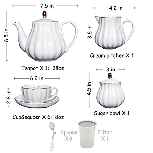 White Porcelain Royal Tea Set for 6 with Teapot Sugar Bowl & Strainer - 8 OZ Cups