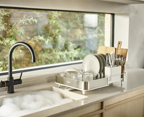 Extendable Steel Dish Rack with Draining Spout - 1-Tier Light Stone