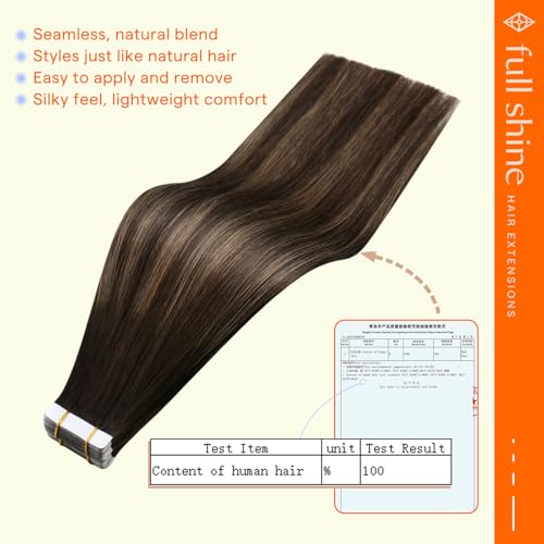 Full Shine Tape-In Human Hair Extensions 14 Inch Brown Ombre, Dark Brown to Ash Brown, Seamless & Natural Look