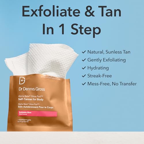 Dr. Dennis Gross Glow Pad Self-Tanner for Body ? Exfoliating & Anti-Aging Towelette with AHAs & BHAs, Buildable Natural Glow, Hydrating & Streak-Free Application, 8 Towelettes