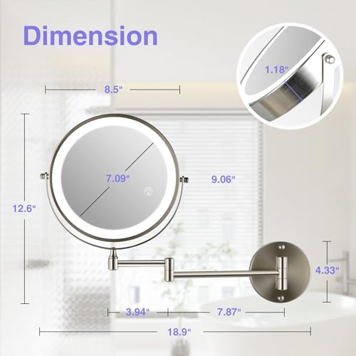 Magnifying Mirror with Lights 1X/20X Wall Mounted - Brushed Nickel 8.5"