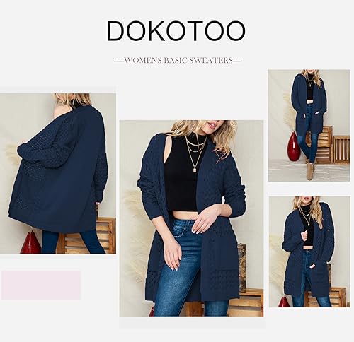 Large Blue Women's Cable Knit Cardigan Sweater with Pockets - Casual Open Front