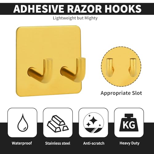 Snailhouse Razor Holder for Shower, 2 Pack Stainless Steel Self Adhesive Bathroom Razor Shaver Towel Hooks Hanger Stand for Wall, Gold
