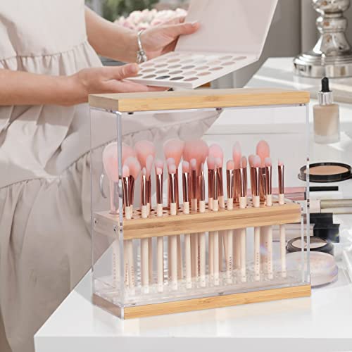 Transparent Acrylic & Bamboo Brush Holder Organizer with Leather Drawer - 31 Holes