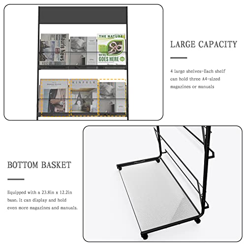 Floor-Standing 4-Layer Magazine Rack with Wheels - Black