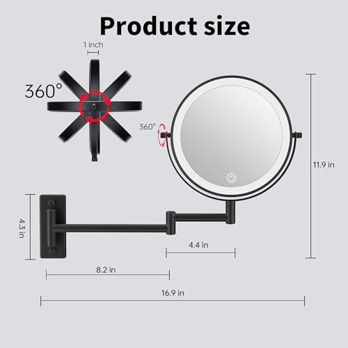 Wall Mounted Makeup Mirror with Lights 1X/10X Magnification - Black / 10X