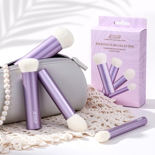 Jessup 4pcs Essential Face Brush Set, Kabuki Brushes for Foundation Contour Blush & Highlighter, Ultra-Soft Synthetic Fiber, Cruelty-Free, Perfect for Clean Girl Look, Luxury Purple T517