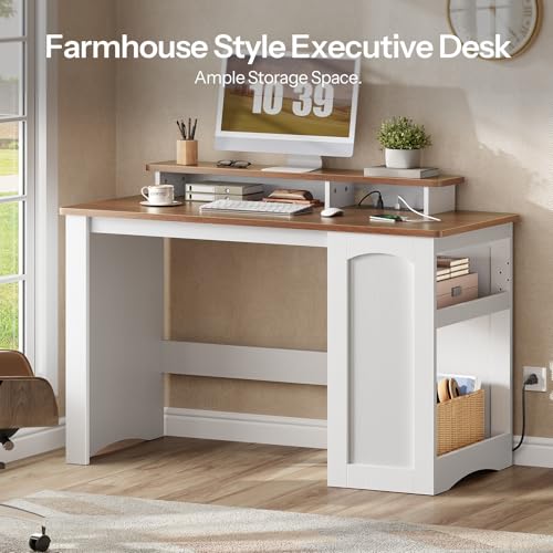 Farmhouse Style Computer Desk with Charging Station and Monitor Stand, Small Office Desk, White & Walnut