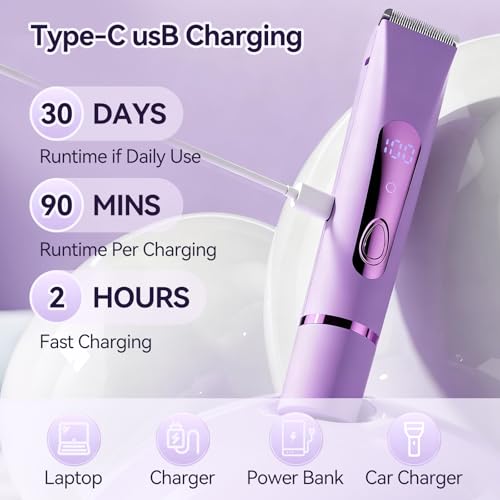 Bikini Trimmer for Women Electric?Double Head Dual Purpose, Ceramic Blade,IPX7 Waterproof,LCD Power Display,USB Rechargeable,Wet/Dry Painless Hair Removal for Face & Body (Violet)