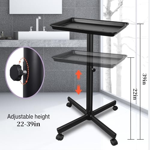 Salon Tray on Wheels, Salon Rolling Tray with Adjustable Height, Hair Stylist Tray, Suitable for Tattoo Tray and Dental Tray, No-Rusting(Black)