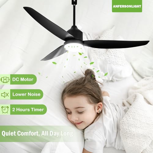 Outdoor Ceiling Fan with Light 52 Inch Black IP65 Waterproof Reversible DC Motor