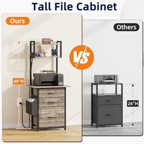 Grey 49-Inch Tall File Cabinet with Charging Station, 3 Drawers & Storage