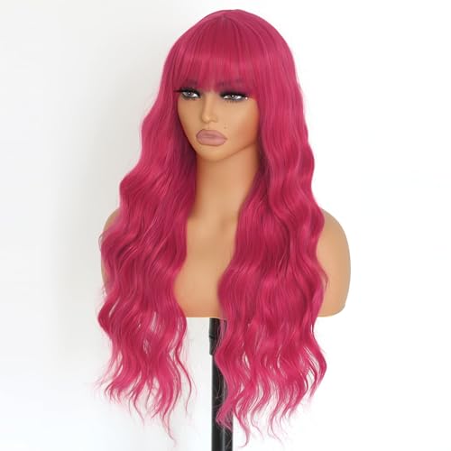 Pink Long Loose Wavy Wig with Bangs - 24 Inch Synthetic Heat-Resistant Hairpiece - Variation: Pink 1