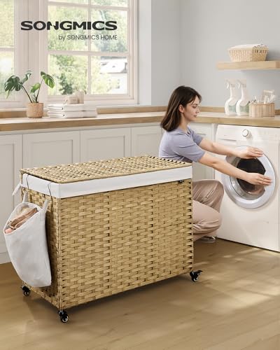 SONGMICS 210L Natural Synthetic Rattan Rolling Laundry Hamper with Lid & Removable Liners