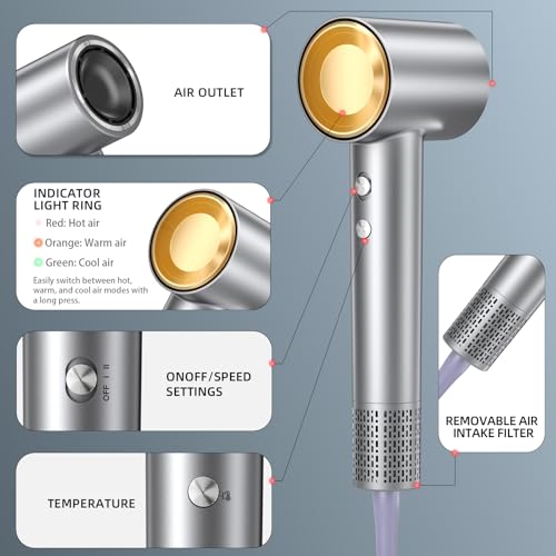 FRREGRN Professional Hair Dryer with Brushless Motor, Negative Ions, 3 Heat Settings, LED Lights, Lightweight & Travel Ready