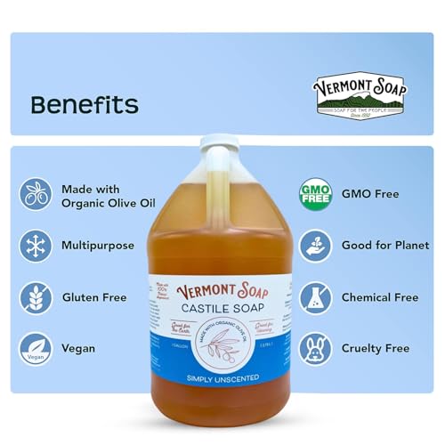Vermont Castile Soap Unscented, Gentle Liquid Soap for Sensitive Skin & Natural Body Wash, Organic Hair Shampoo for Oily Hair, Aloe Castile Soap for Men & Women - Gallon