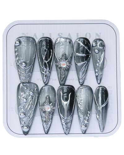 Luxury Handmade Press On Nails Gray Silver Gradient Long Stiletto with 3D Design - Reusable Gothic Fake Nails (Variation B07 / M)