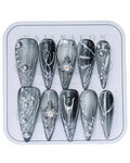 Luxury Handmade Press On Nails Gray Silver Gradient Long Stiletto with 3D Design - Reusable Gothic Fake Nails (Variation B07 / M)