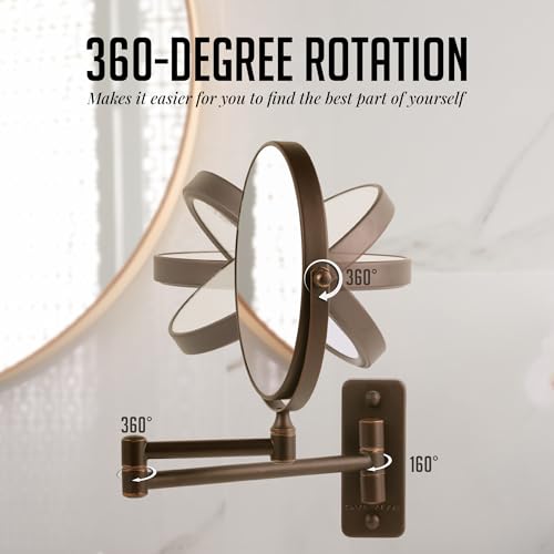 OVENTE 7" Wall Mounted Makeup Mirror with 1X/10X Magnification, Double Sided Magnifying Round Bathroom Vanity Mirror, 360¡Æ Swivel Design, Extendable and Folding Arm, Antique Bronze MNLFW70ABZ1X10X