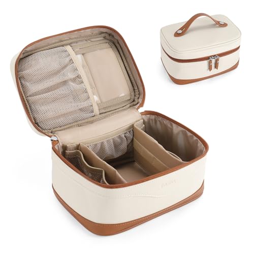 Large Travel Makeup Bag for Women - Vegan Leather, Beige & Brown