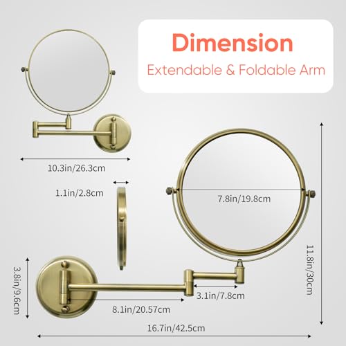 GURUN 8" Wall Mounted Makeup Mirror with 10X Magnification,Two-Sided Swivel Bathroom Mirror,Antique Satin Brass Finish M1306K(8in,10x)