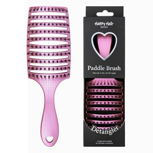Pink Happy Hair Detangler Paddle Brush with Boar Bristles & Nylon Pins - Pain-Free, Lightweight